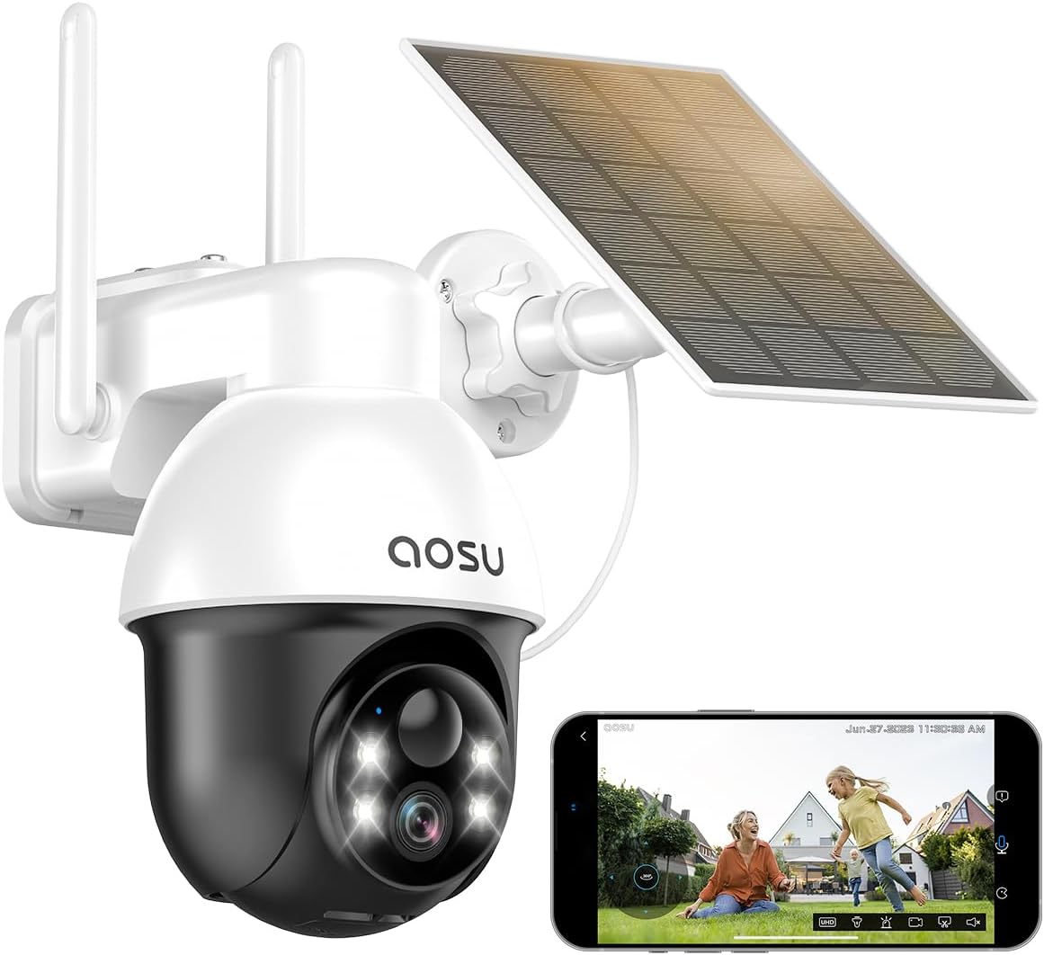 AOSU 2K Camera Surveillance WiFi Exterieure sans Fil, 3MP Camera Solaire Extérieur, 360° PTZ Sécurité à Domicile, Suivi Automatique, Vision Vocturne, Alarme Lumineuse et Sonore, Audio Bidirectionnel 1 caméra solaire