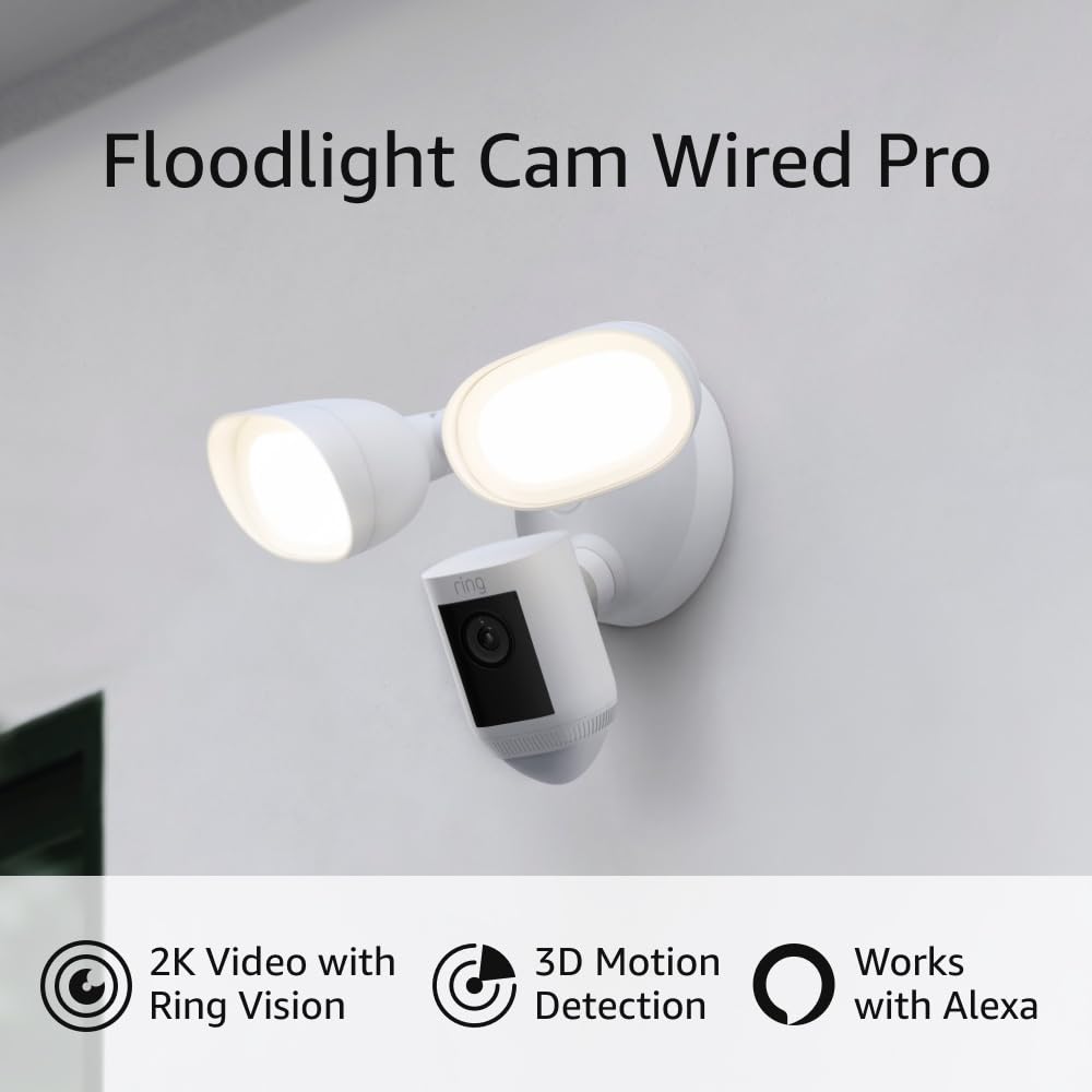 Like-New Ring Floodlight Cam Wired Pro with Bird’s Eye View and 3D Motion Detection (2021 release), White White 1 Camera Floodlight Cam Wired Pro Only
