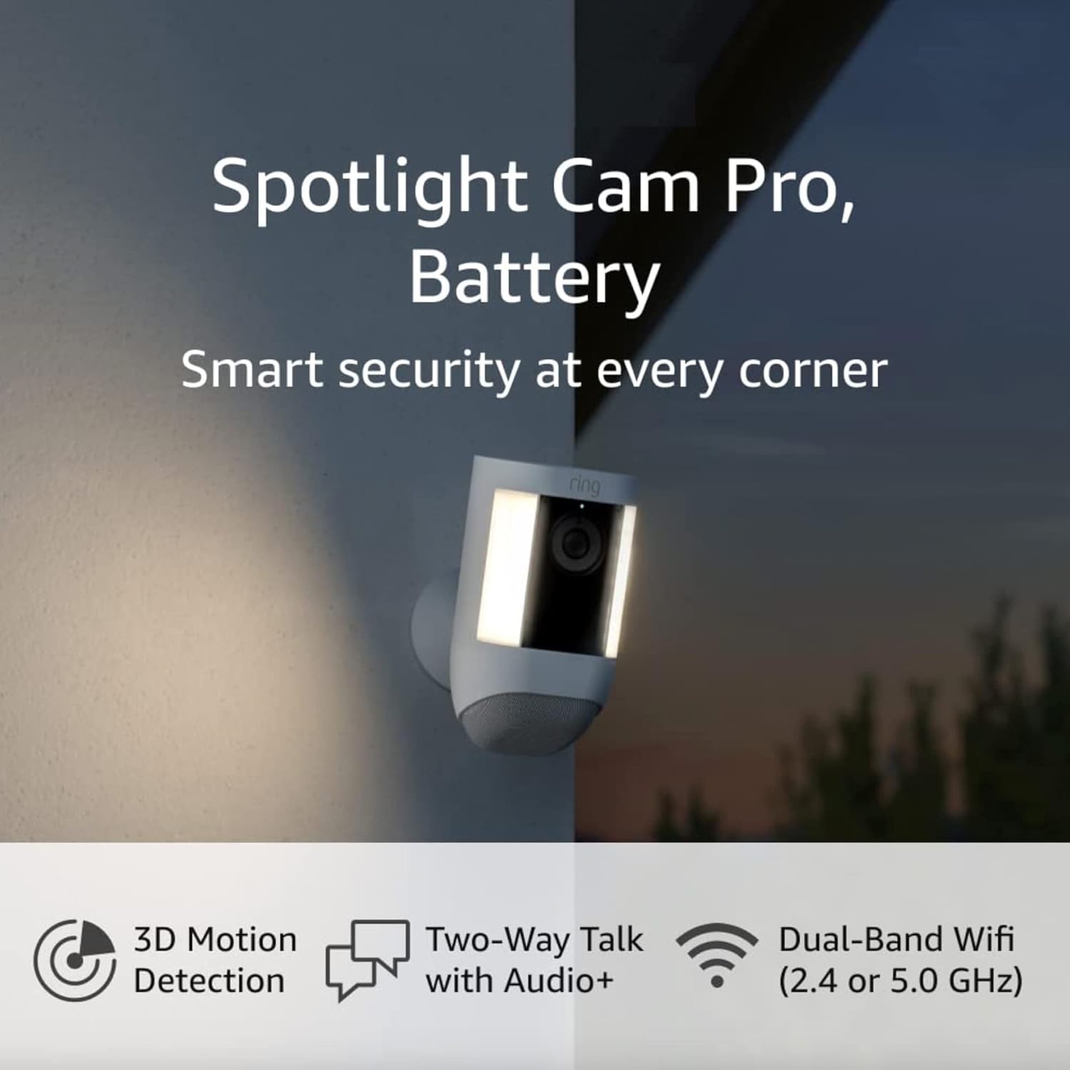 Spotlight Cam Pro, Battery - 3D Motion Detection, Two-Way Talk with Audio+, and Dual-Band Wifi (2022 release) - White White 1 Pack Battery
