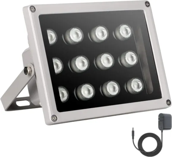 IR Illuminator, 850nm 12 LEDs Wide Angle IR Illuminator for Night Vision, Waterproof LED Infrared Light with 12V DC Power Adapter for IP Camera, CCTV Security Camera Grey-12W