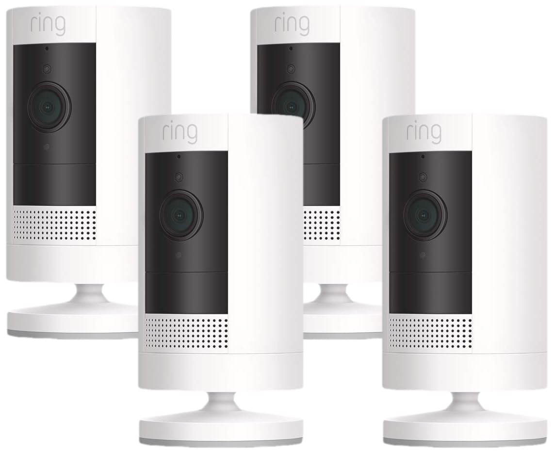 Outdoor Cam (Stick Up Cam), Weather-resistant home or business security camera, outdoor ready, Live View, Color Night Vision, Two-Way Talk, motion alerts, Works with Alexa, 4-pack, White 4 Cameras