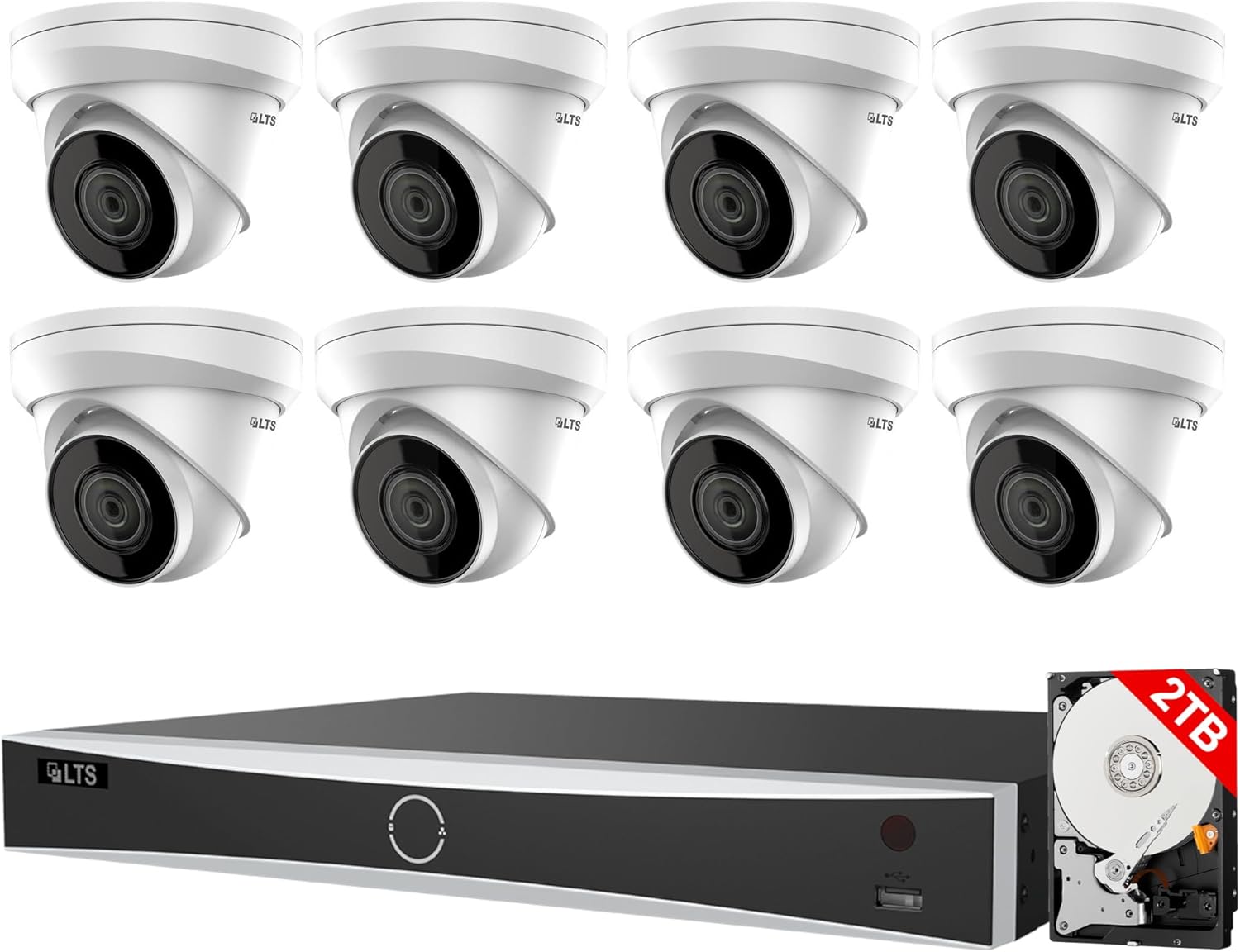 LTS 8CH Kit LTN8708D-P8N with 2TB HDD + CMIP1042W-28MA 8-ch PoE 4K NVR w/ 2TB HDD + 4MP Turret IP Cameras (8 Cameras)