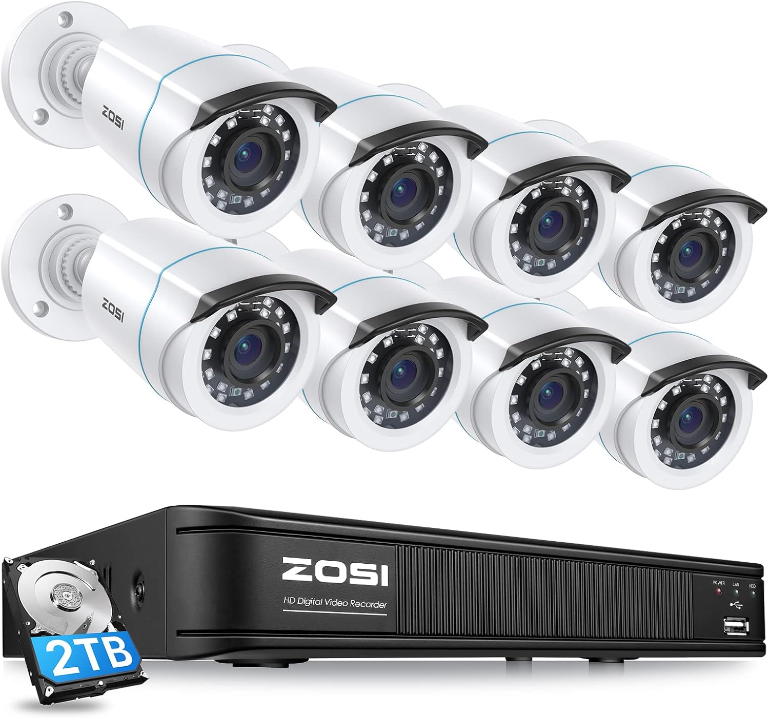 1080P H.265+ Home Security Camera System with AI Human Vehicle Detection, 5MP 3K Lite 8 Channel CCTV DVR Recorder with 2TB Hard Drive and 8 x 1080p Surveillance Bullet Camera Outdoor Indoor 8CH-8 Cam-2TB