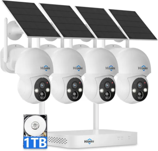 Solar Camera Wireless Outdoor, Home Security Camera System, 2.4G & 5G WiFi, Solar-Powered 4MP 4 Cam-Kit, Color Night Vision, 360° View, Pan & Tilt, 1TB HDD Local Recording, No Subscription Solar System W/1T