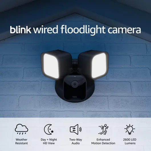 Wired Floodlight Camera - Smart security camera, 2600 lumens, HD live view, enhanced motion detection, built-in siren, Works with Alexa – 1 camera (Black) Floodlight Only Black