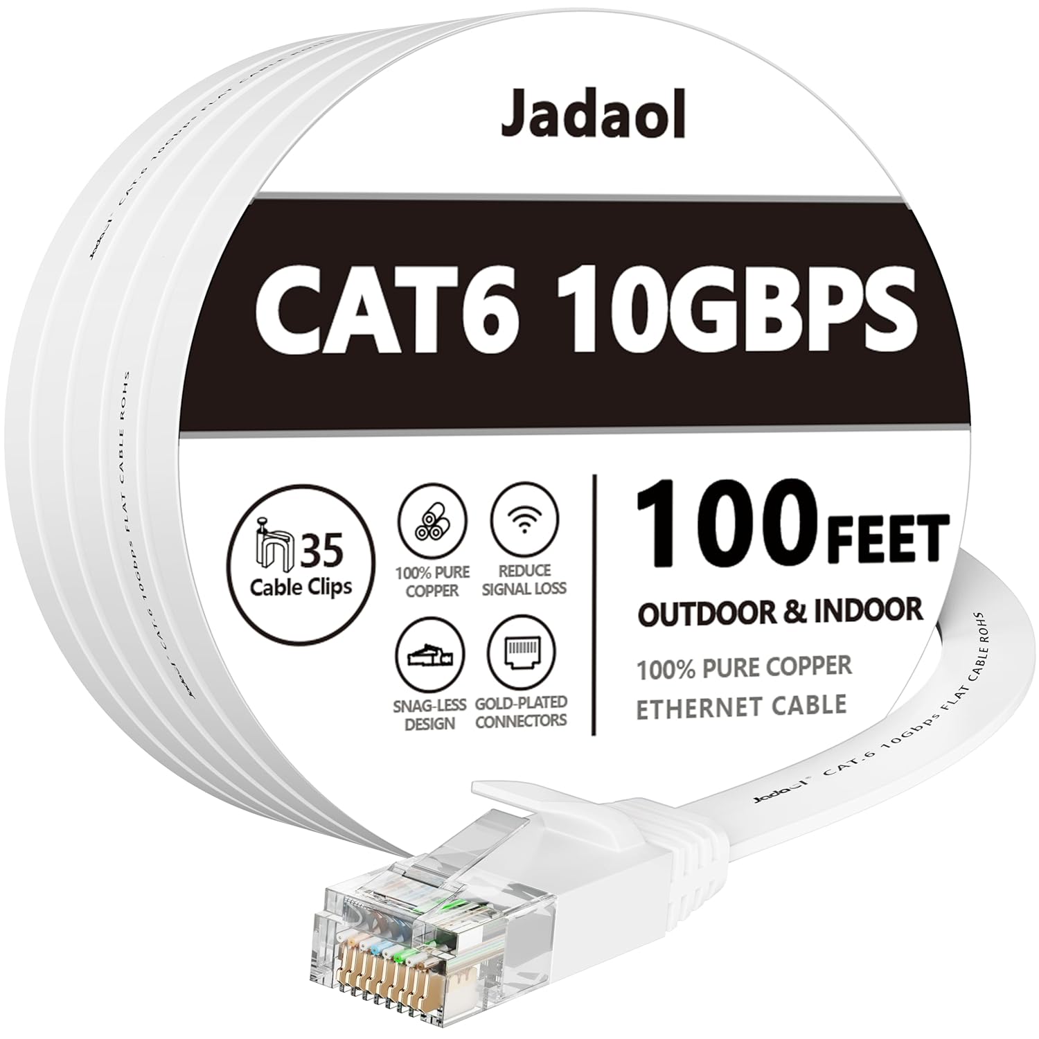 Cat 6 Ethernet Cable 100 ft, Outdoor & Indoor 10Gbps Support Cat8 Cat7 Network, Flat RJ45 Internet LAN Computer Patch Cable for Router, Modem, Switch, Gaming Consoles, Streaming Devices, White 100ft Flat White