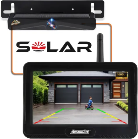 Solar Wireless Backup Camera:5" HD 1080P Monitor,3 Mins DIY Installation & 5000 mAh Battery Powered Solar Back Up Camera Systems, IP69K Waterproof Reverse Camera for Car, Van, Truck, Trailer