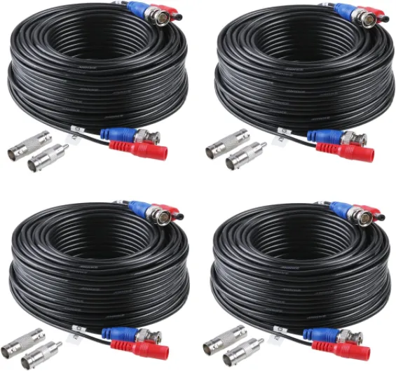 4 Pack 30M/100ft All-in-One Video Power Cables, BNC Extension Surveillance Camera Cables for CCTV Security DVR System Installation, Free 8 x BNC Connectors and 100pcs Cable Clips Included Black-100ft/30M