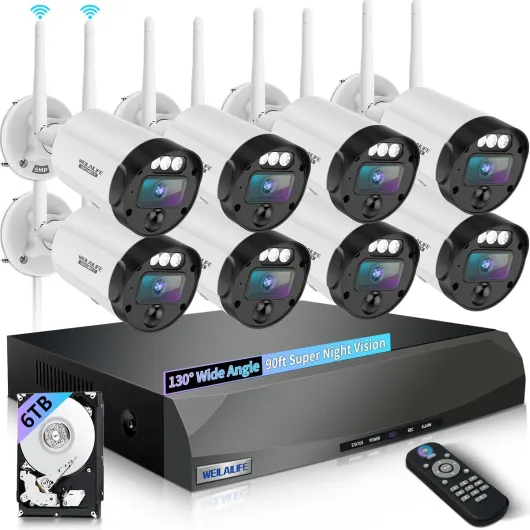 【90ft Super Night Vision】 5MP Outdoor Wireless Security Camera System, Wireless Cameras for Home Security, Home Video Security Cameras, WiFi Surveillance DVR Kits 5MP 8-Cams 6TB【90-Day Storage】