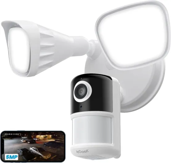 Floodlight Camera, 5MP Outdoor Home Security Light with Cameras, 5G/2.4G WiFi Wired Flood Light Cam with Smart Motion Sensor/Siren, Color Night Vision, 2 Way Audio, 24/7 Record,Works w/Alexa White-5MP