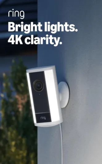 Spotlight Cam Pro, Plug-in (newest model), Home or business security, Retinal 4K with wide-angle video, 10x Enhanced Zoom, and 600 Lumen Spotlights, White White 1 Camera Plug-In