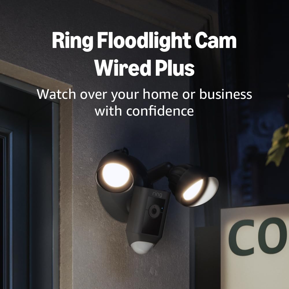 Floodlight Cam Wired Plus (newest model), Outdoor home or business security with motion-activated 1080p HD video and floodlights, Black Black 1 Camera Floodlight Cam Wired Plus Only