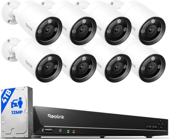 12MP Security Camera System Commercial, 8pcs H.265 12MP PoE Security Cameras Outdoor, Person Vehicle Pet Detection, Spotlight Color Night Vision, 16CH NVR 4TB HDD, RLK16-1200B8-A