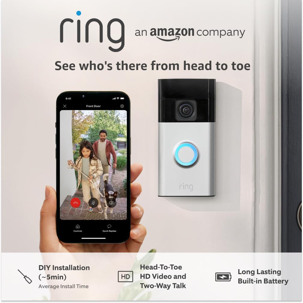 Battery Video Doorbell - DIY Wireless Video Doorbell Camera with Head-To-Toe View, HD Video - Easy to install (5 min) - With Built-in Battery I 30-day free trial of Ring Subscription Plan Device only Satin Nickel