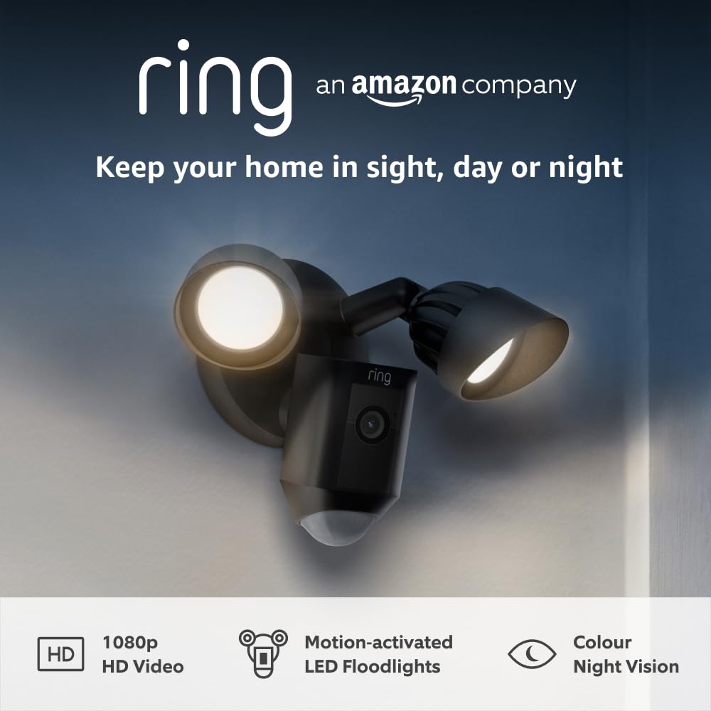 Floodlight Cam Wired Plus - Outdoor Security Camera 1080p HD Video, LED Floodlights, Siren, Wifi, Hardwired - alternative to CCTV system - 30-day free trial of Ring Subscription - Black Plus Black 1-Camera System