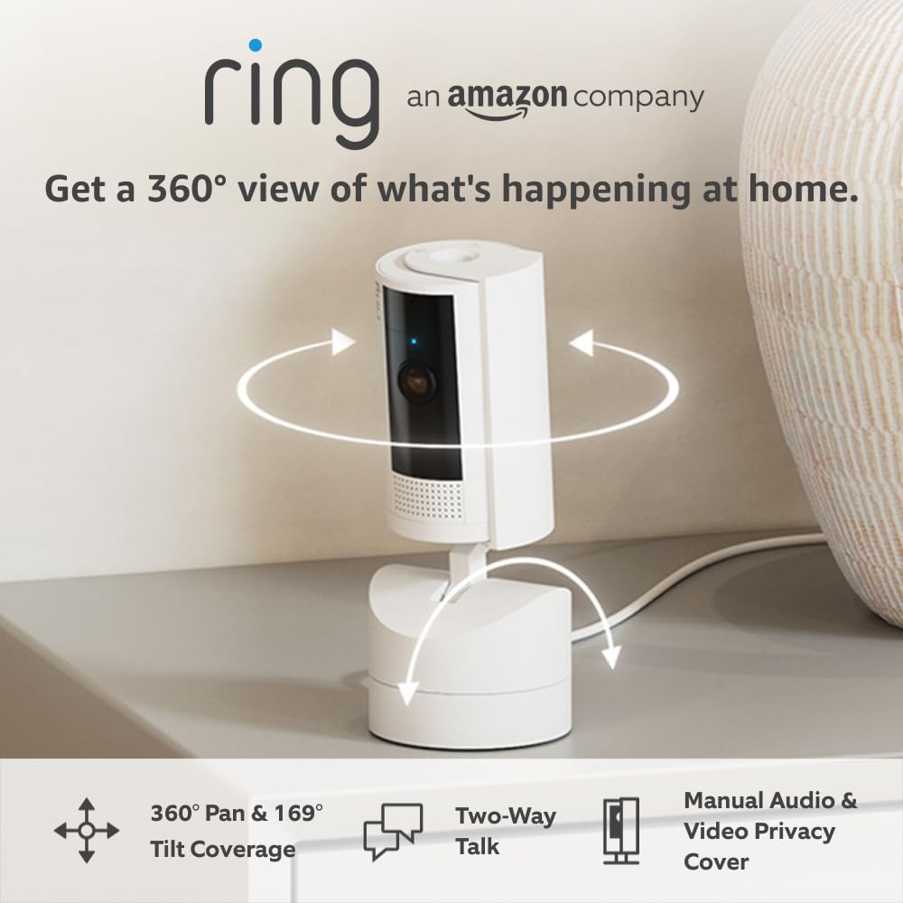 Pan-Tilt Indoor Camera - Plug-In Pet Security Camera - 360° pan & 169° tilt coverage, Manual Privacy Cover, HD video, Two-Way Talk, Wi-Fi - 30-day free trial of Ring Subscription Plan White 1 Camera