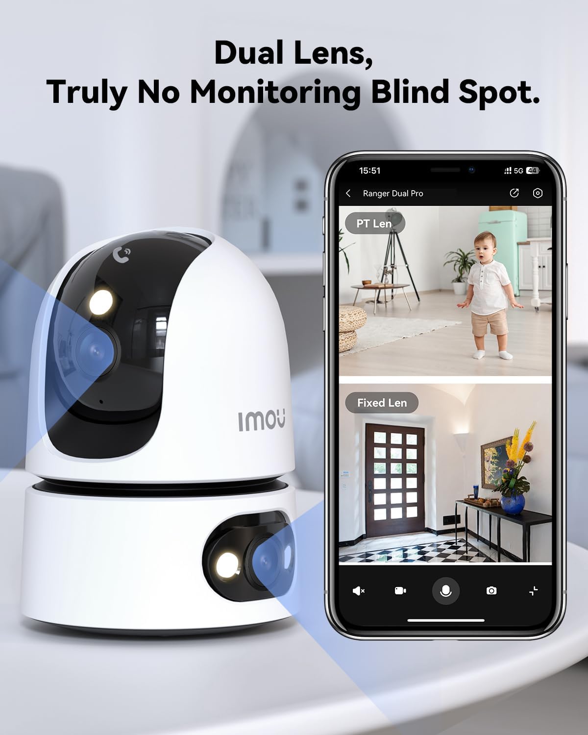 Dual-Lens 2K+2K Indoor Security Camera, House Security Camera 360°Full Coverage, Pet Baby Camera with APP, Color Night Vision, Human/Pet/Sound/Motion Detection, Siren Spotlight, 2.4/5GHz Wifi 3MP+3MP