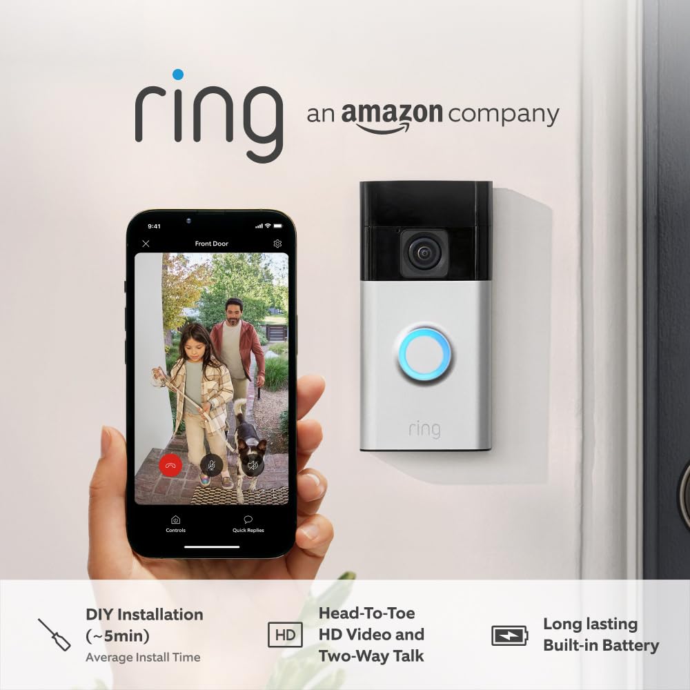 Certified Refurbished Ring Battery Video Doorbell (2024 release) - DIY Wireless Video Doorbell Camera I Head-To-Toe View, HD Video - Easy to install (5 min) - With Built-in Battery I 30-day free trial