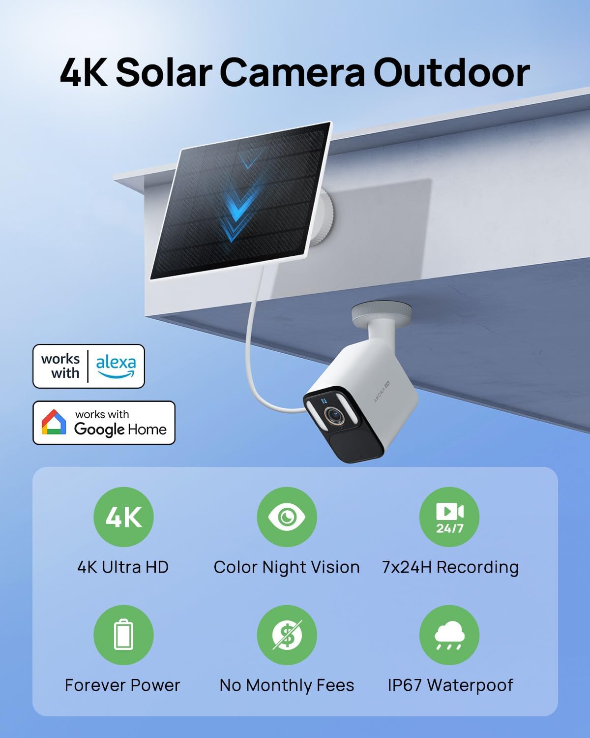 Aurora 4K Solar Security Cameras Wireless Outdoor, Forever Power with Solar Panel, 8MP Color Night Vision, 24/7 AOV Recording, No Monthly Fees, AI Detection, Easy Setup, 2.4 G WiFi, IP67, 4 Pack 4K Solar AI AOV Cam - 4 Pack White