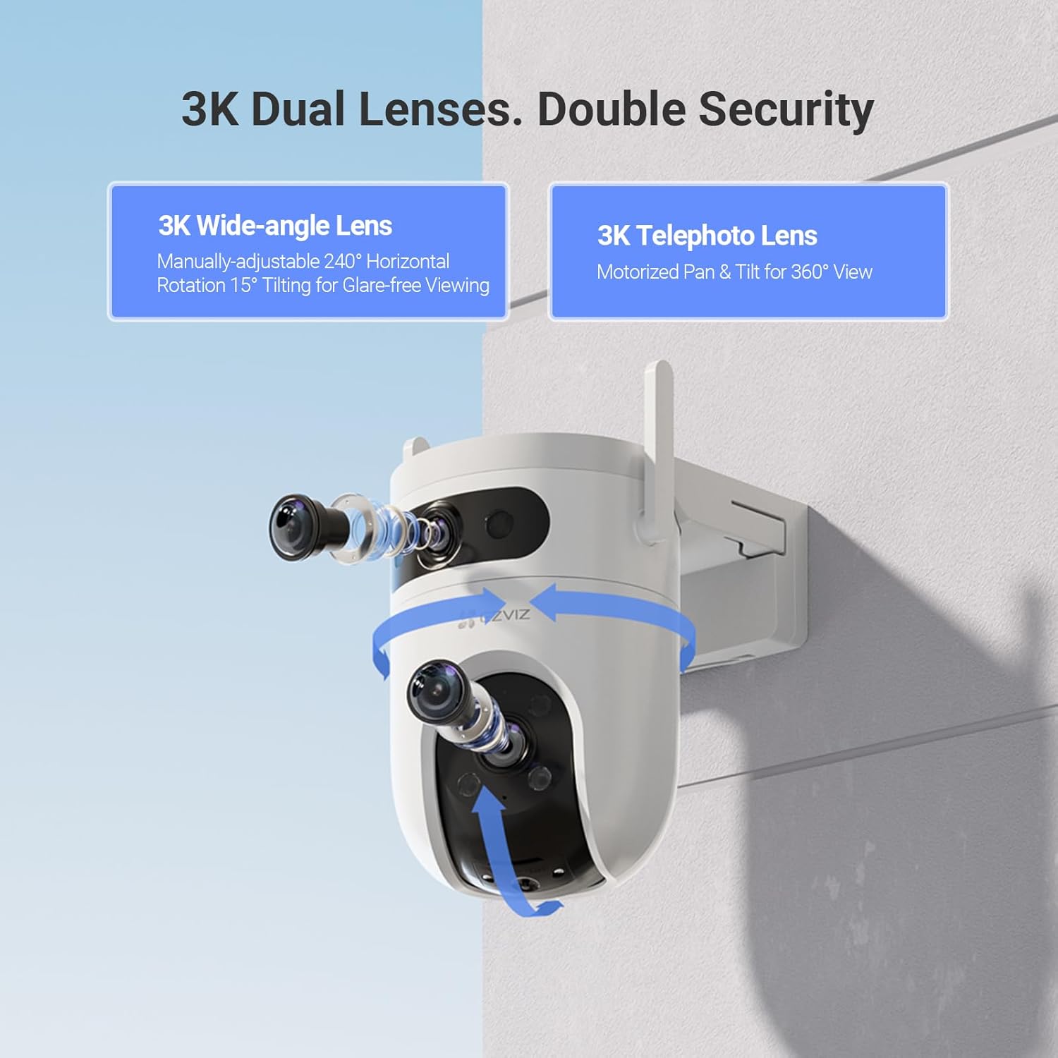 Dual Lens 6K (3K+3K) Wired Security Camera Outdoor Wifi, 360° Pan Tilt, Supports 512GB, Auto-Track, Patrol Mode, Human/Vehicle Detection, Color Night Vision, Wi-Fi CCTV, Alexa/Google (H9c) H9c 5mp Wifi