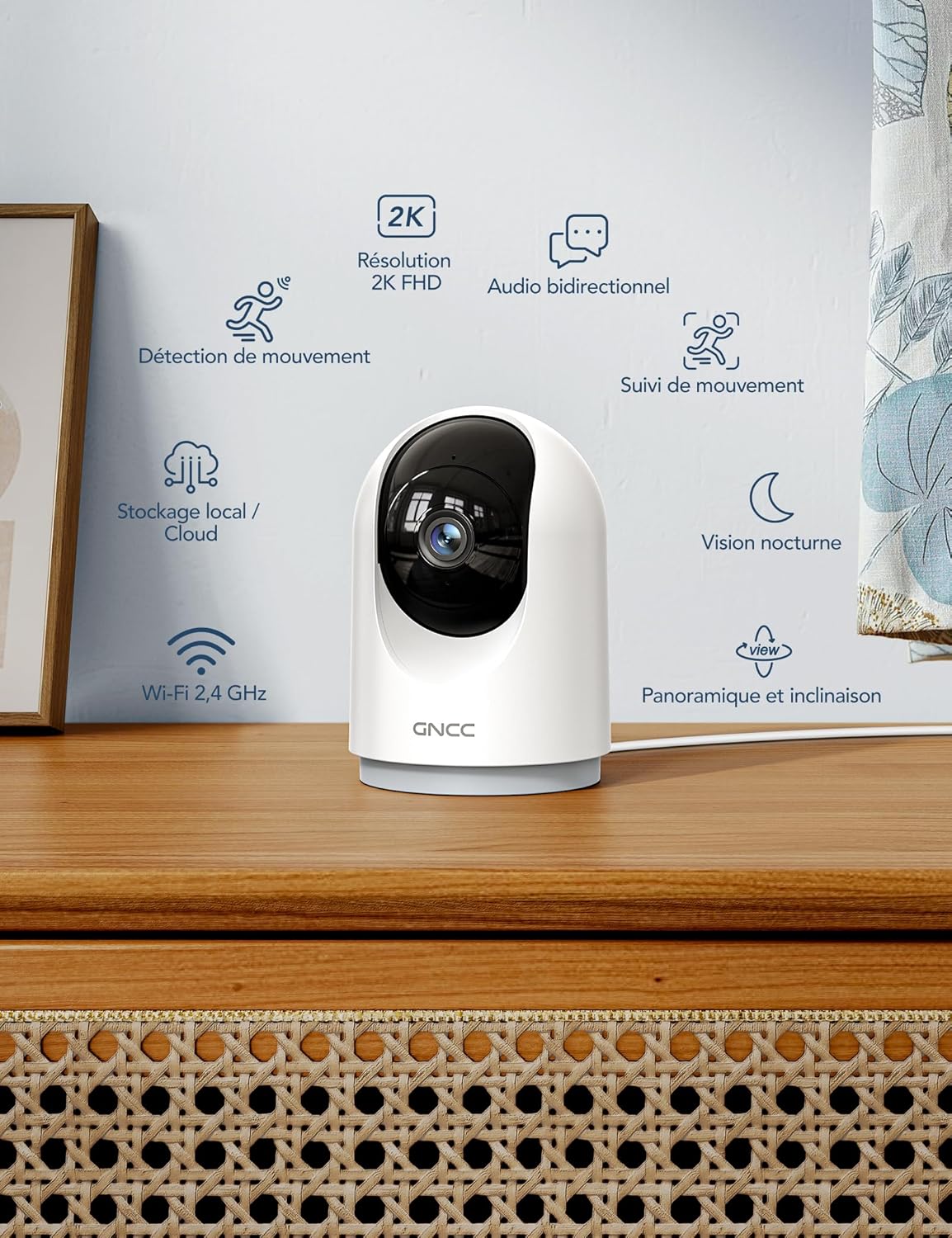 GNCC 2K 3MP Caméra Surveillance WiFi Interieur 360° Caméra Connectée Smartphone pour Bébé/Animaux Détection IA Audio bidirectionnel Alertes APP 2,4GHz Compatible Alexa Blanc-1 Pack