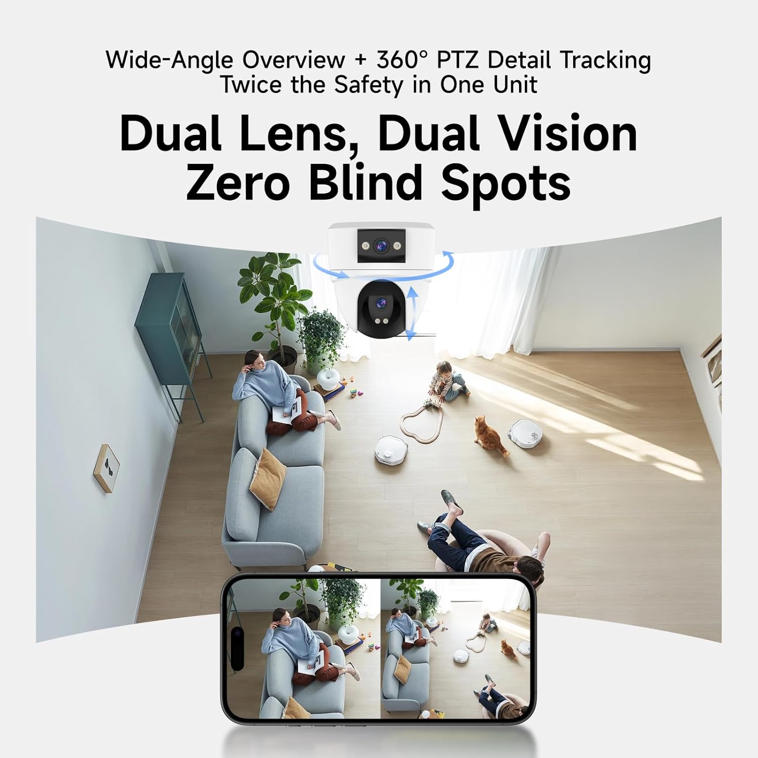 VSTARCAM 6MP Dual Lens Indoor Camera Wireless, 2.4G/5G WiFi Dual-Band with 360° PTZ & AI Auto Tracking, Color Night Vision, Two-Way Audio, Baby Monitor Pet Camera for 24/7 Home Security, Ceiling Mount CS2DR - 2K
