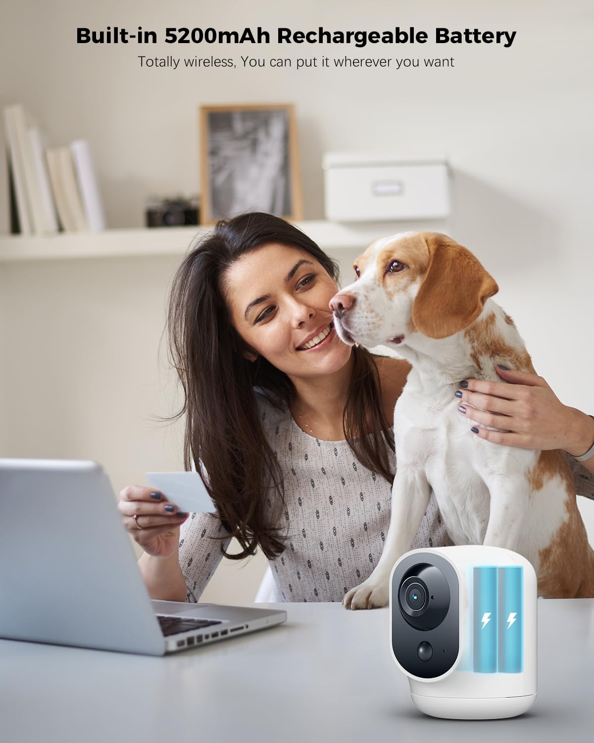 2K Indoor Pan Tilt Security Camera WiFi with 5200mAh Battery, Wireless for Baby Monitor Pet Home Security, AI Recognition, PIR Human Detection, Works with Alexa, 2.4G WIFI