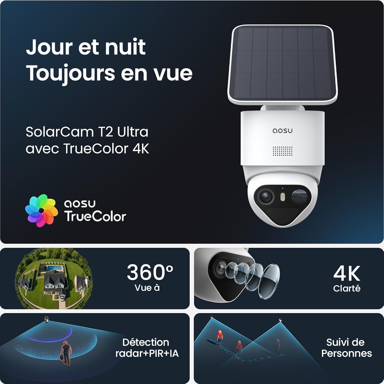 Aosu 4K Caméra Surveillance WiFi Extérieure sans Fil,8MP Camera Exterieur Solaire,Vision Nocturne TrueColor,Triple Détection (PIR+Radar+IA),Suivi Automatique à 360°,Alarme Sonore et Lumineuse